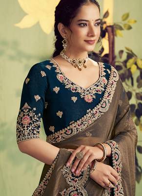 chiku zari satin thread with stone hand work designer saree 2