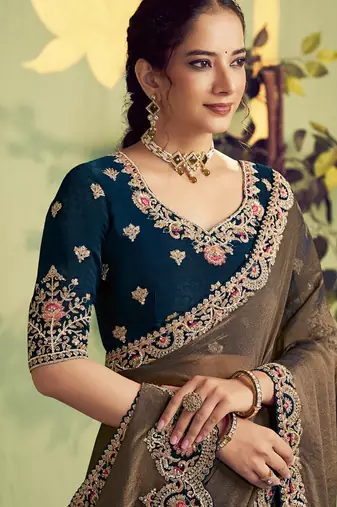 chiku zari satin thread with stone hand work designer saree