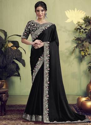 black satin hand work designer saree 1