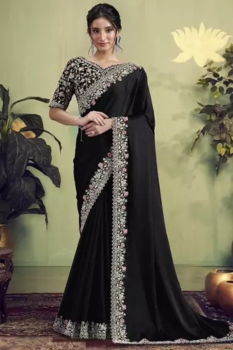 black satin hand work designer saree