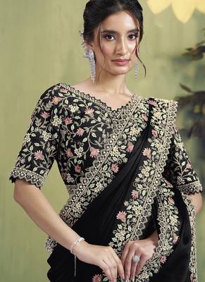 black satin hand work designer saree 2