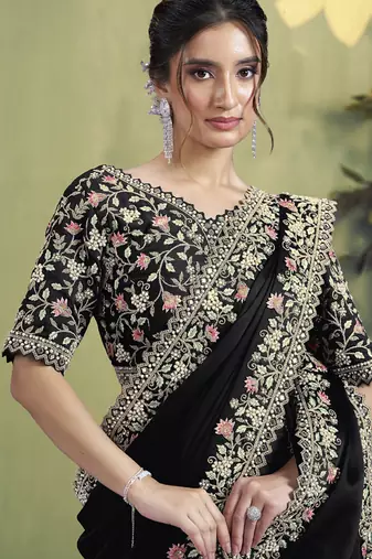 black satin hand work designer saree