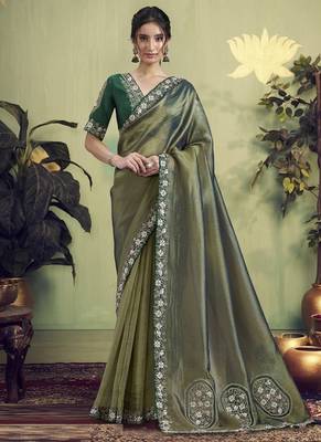 Olive glass tissue hand work designer saree 1