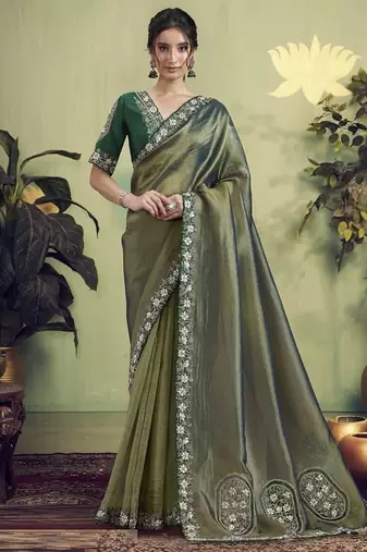 Olive glass tissue hand work designer saree