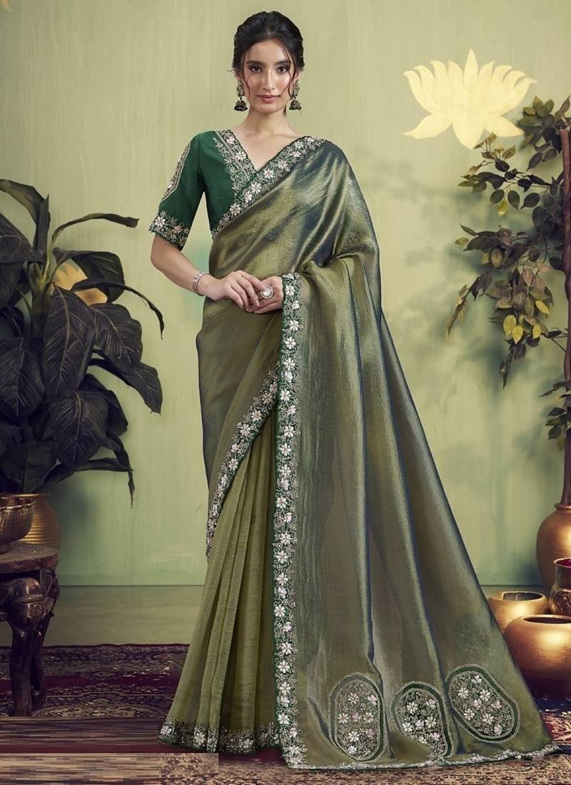 Olive glass tissue hand work designer saree