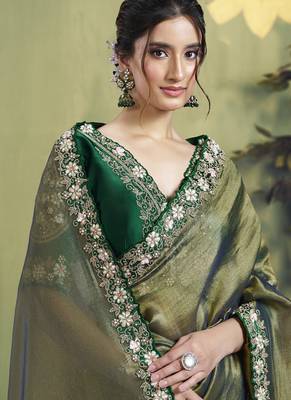 Olive glass tissue hand work designer saree 2