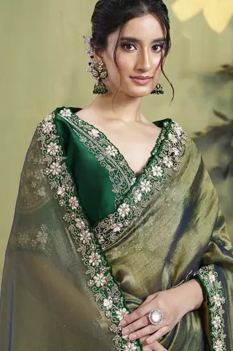 Olive glass tissue hand work designer saree