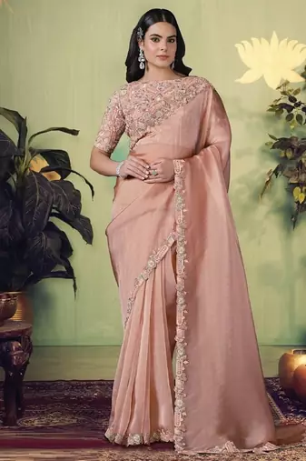 Light peach glass tissue thread work designer saree