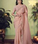 Light peach glass tissue thread work designer saree