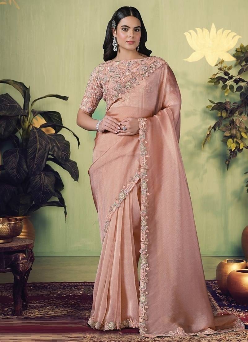 Light peach glass tissue thread work designer saree