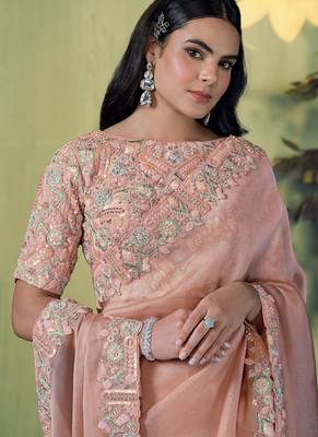 Light peach glass tissue thread work designer saree 2