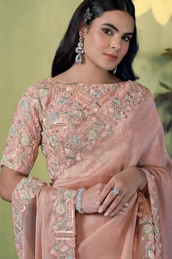 Light peach glass tissue thread work designer saree