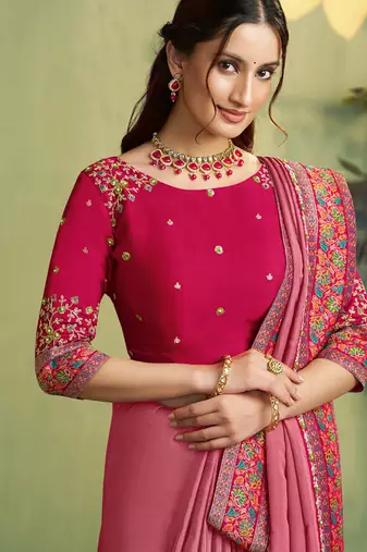 raspberry pink upada silk blend rangkat woven sequence with stone work designer saree