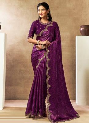 wine satin dual sequins embroidery pearl handwork bandhani digital printed saree 1