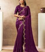 wine satin dual sequins embroidery pearl handwork bandhani digital printed saree
