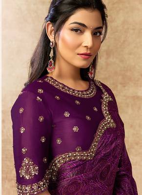 wine satin dual sequins embroidery pearl handwork bandhani digital printed saree 2