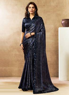 dark blue two tone satin dual sequins embroidery digital printed saree 1