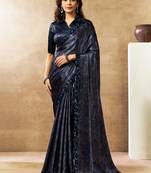 dark blue two tone satin dual sequins embroidery digital printed saree