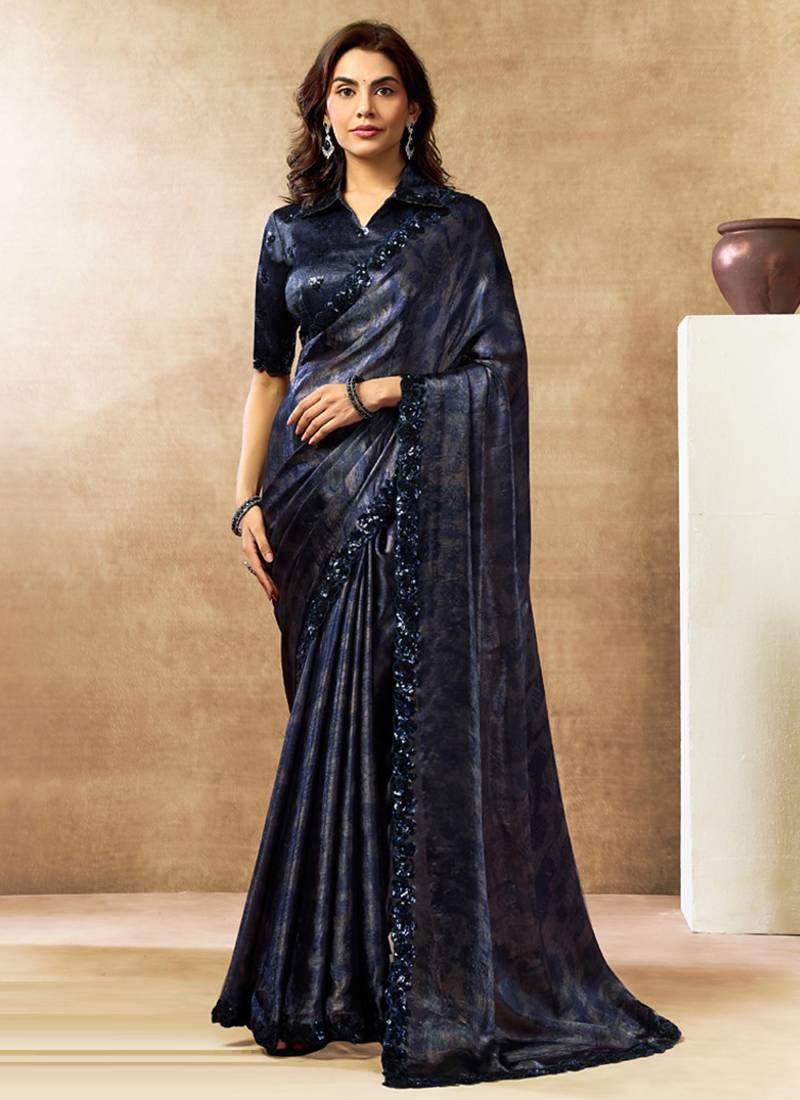 dark blue two tone satin dual sequins embroidery digital printed saree