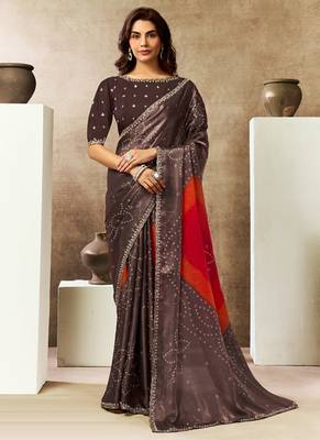 brown two tone satin embellished petal sequins pearl stone handwork bandhani digital printed saree 1