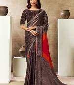 brown two tone satin embellished petal sequins pearl stone handwork bandhani digital printed saree