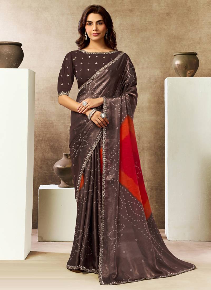 brown two tone satin embellished petal sequins pearl stone handwork bandhani digital printed saree
