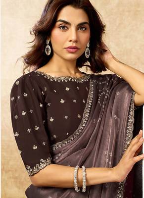 brown two tone satin embellished petal sequins pearl stone handwork bandhani digital printed saree 2