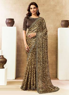 cream & black two tone satin dual sequins embroidery highlighted stone work leopard digital print saree 1