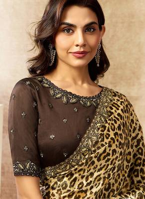 cream & black two tone satin dual sequins embroidery highlighted stone work leopard digital print saree 2