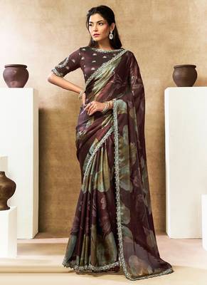 brown two tone satin sequins embroidery pearl handwork floral digital print saree 1