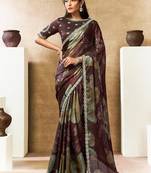 brown two tone satin sequins embroidery pearl handwork floral digital print saree