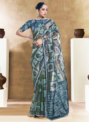 cadet blue two tone satin embroidery stone handwork digital traditional print saree 1