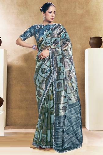 cadet blue two tone satin embroidery stone handwork digital traditional print saree