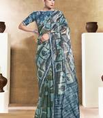 cadet blue two tone satin embroidery stone handwork digital traditional print saree