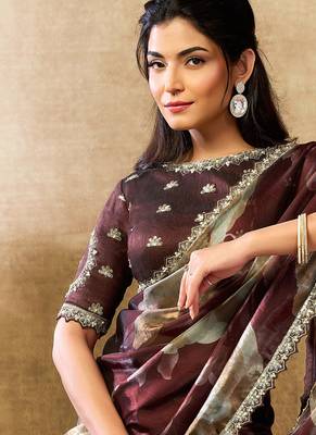 brown two tone satin sequins embroidery pearl handwork floral digital print saree 2
