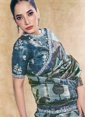 cadet blue two tone satin embroidery stone handwork digital traditional print saree 2