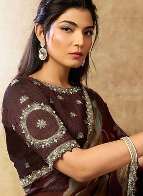 brown two tone satin sequins embroidery pearl handwork floral digital print saree 3