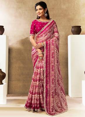 ruby pink two tone satin multi thread sequins embroidery pearl stone work warli digital print saree 1
