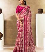 ruby pink two tone satin multi thread sequins embroidery pearl stone work warli digital print saree