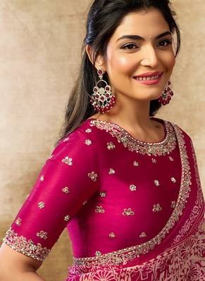 ruby pink two tone satin multi thread sequins embroidery pearl stone work warli digital print saree 2