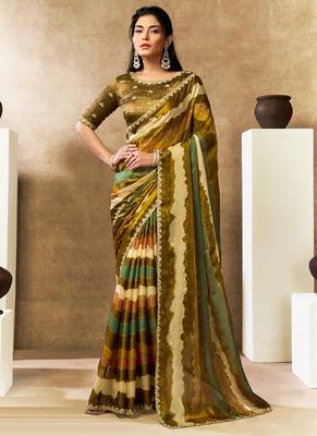 multicolour two tone satin sequins embroidery pearl stone handwork leheriya digital print saree 1