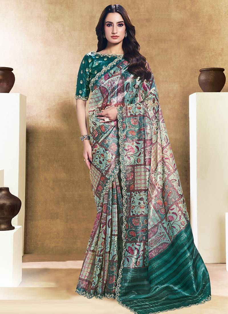 peacock green two tone satin embroidery stone handwork digital print saree
