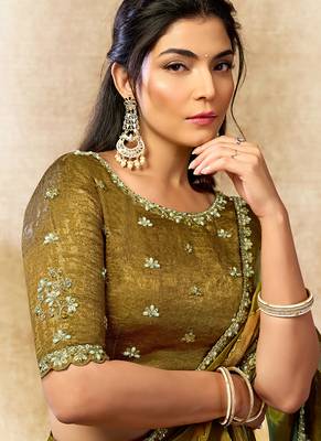 multicolour two tone satin sequins embroidery pearl stone handwork leheriya digital print saree 2