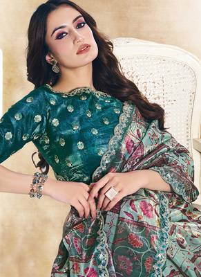 peacock green two tone satin embroidery stone handwork digital print saree 2
