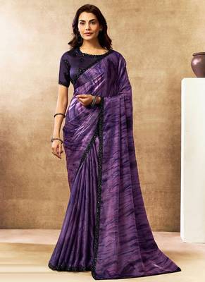 purple two tone satin dual sequins beads embellishment abstract digital print saree 1
