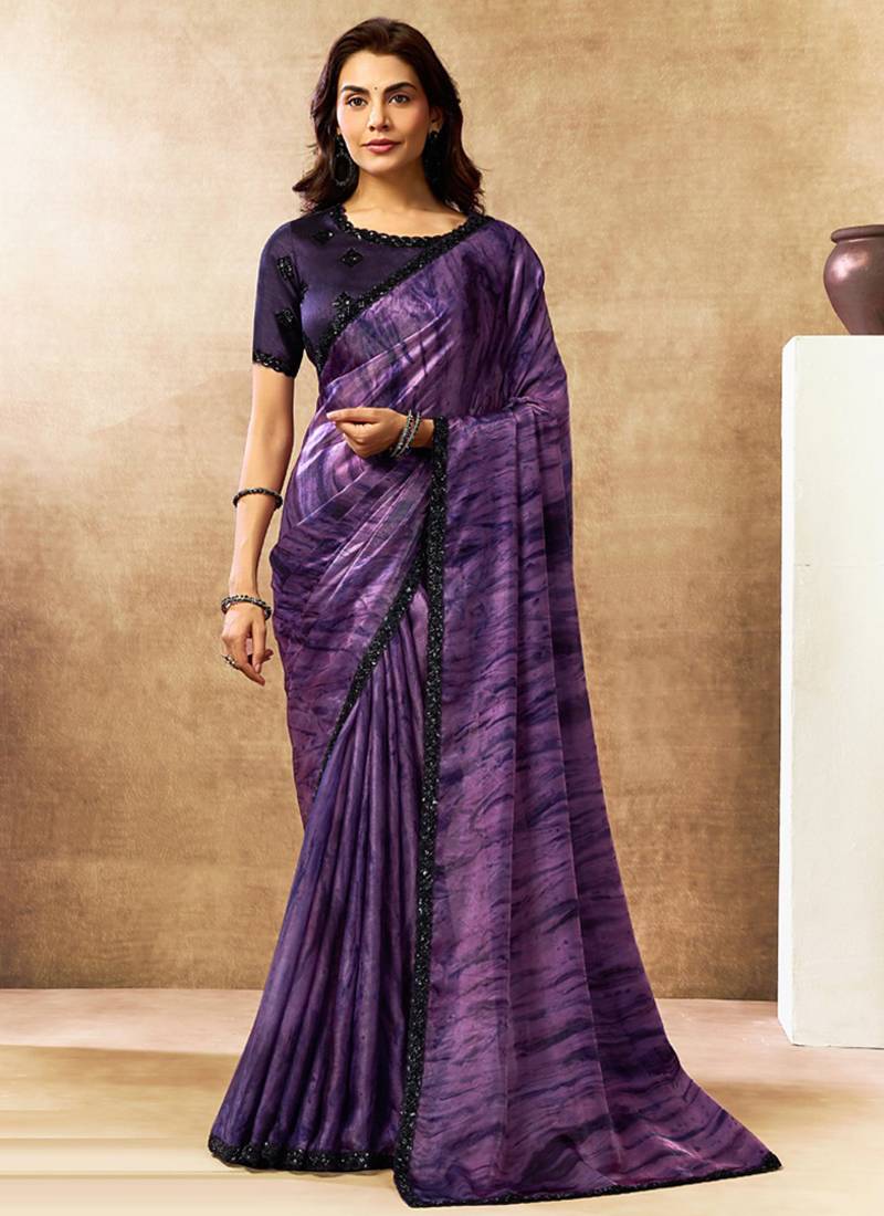 purple two tone satin dual sequins beads embellishment abstract digital print saree