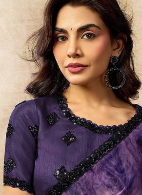 purple two tone satin dual sequins beads embellishment abstract digital print saree 3