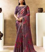 mauve two tone satin multi thread sequins embroidery pearl work floral digital print saree