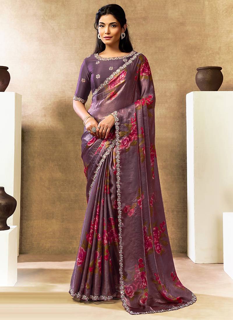 mauve two tone satin multi thread sequins embroidery pearl work floral digital print saree