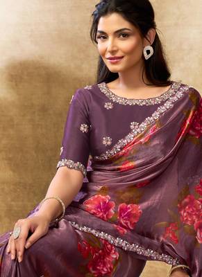 mauve two tone satin multi thread sequins embroidery pearl work floral digital print saree 2